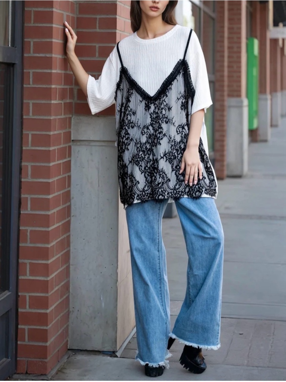 Kate Hewko Glitter Off-White Ribbed Tee with Black Lace Camisole, O/S
